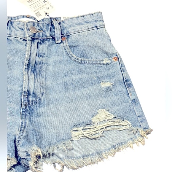 Zara Womens Blue Jean Denim High Rise Curved Shorts Size 2 Distressed Frayed Hem - Picture 8 of 9